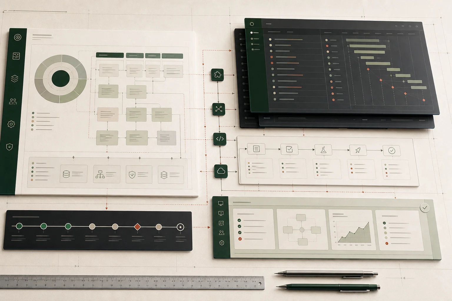 A software platform delivery blueprint connecting solution scope, delivery planning, release checks, and operations
